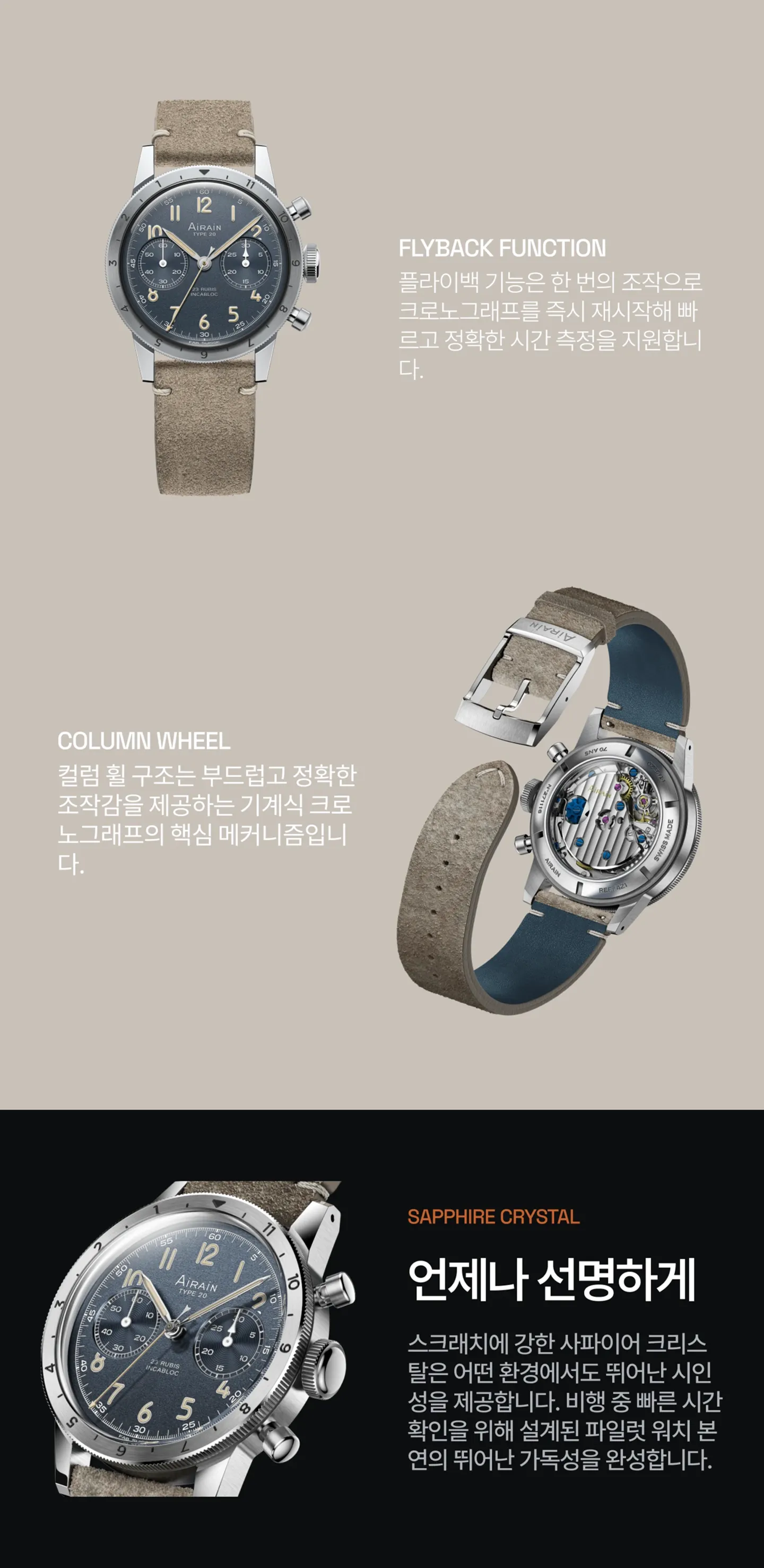 컬럼휠 탑재 플라이백 크로노그래프 무브먼트에 대한 설명.