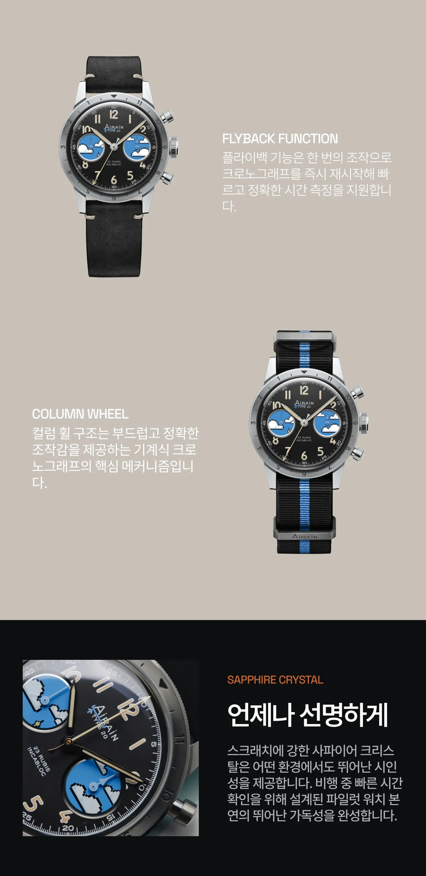 컬럼휠 탑재 플라이백 크로노그래프 무브먼트에 대한 설명.