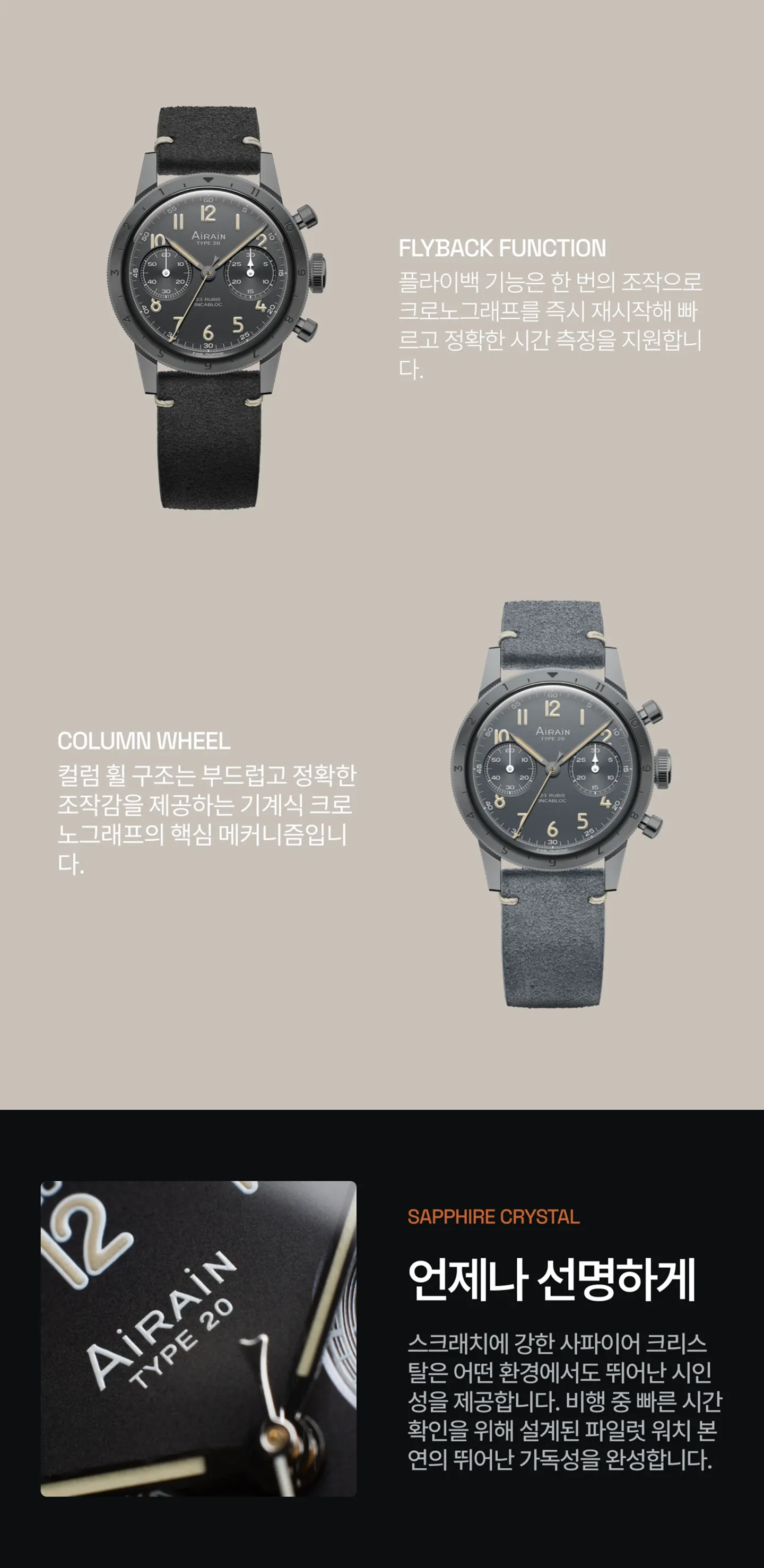 컬럼휠 탑재 플라이백 크로노그래프 무브먼트에 대한 설명.