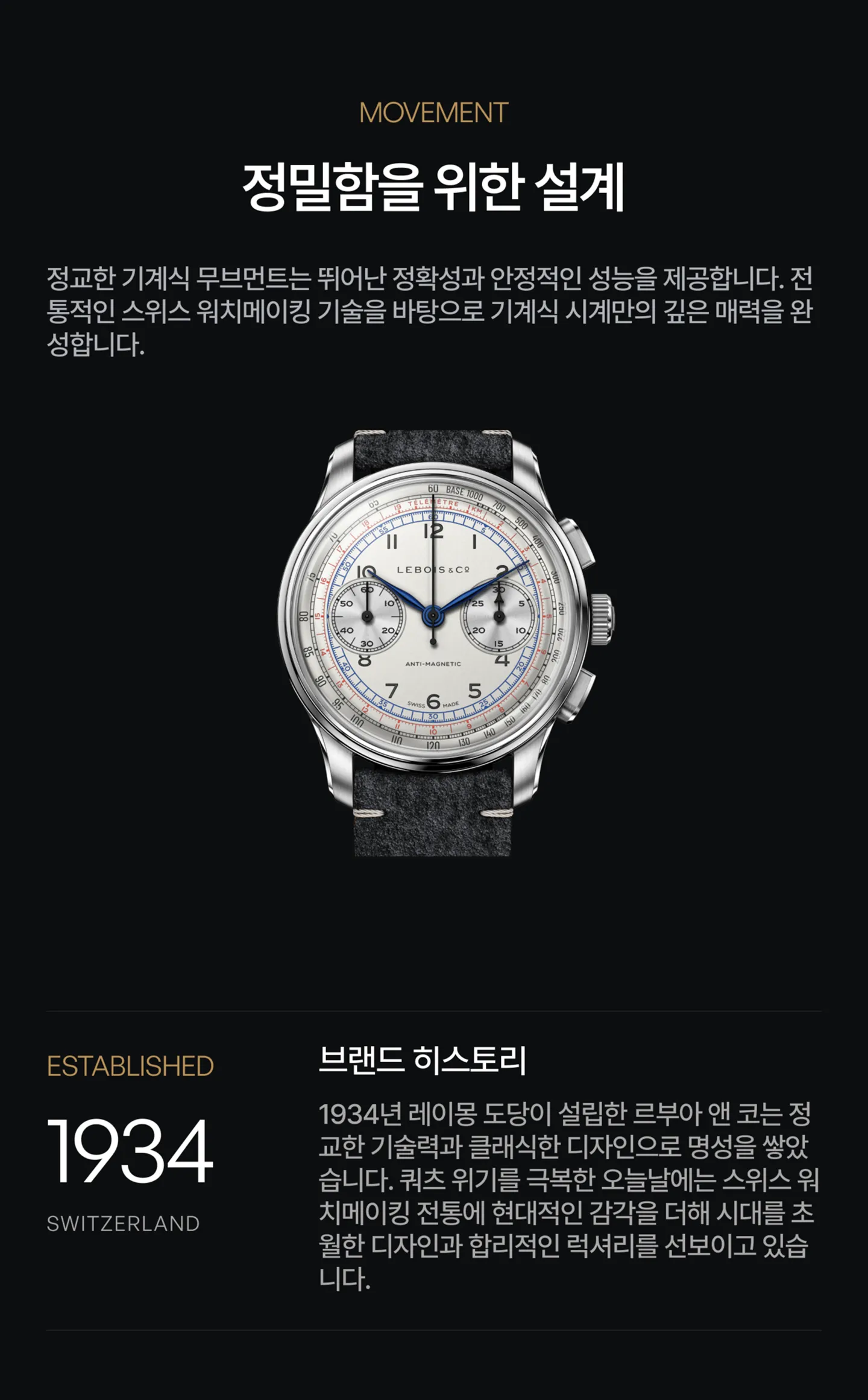 무브먼트 사양 및 Lebois & Co. 역사 간략 소개.