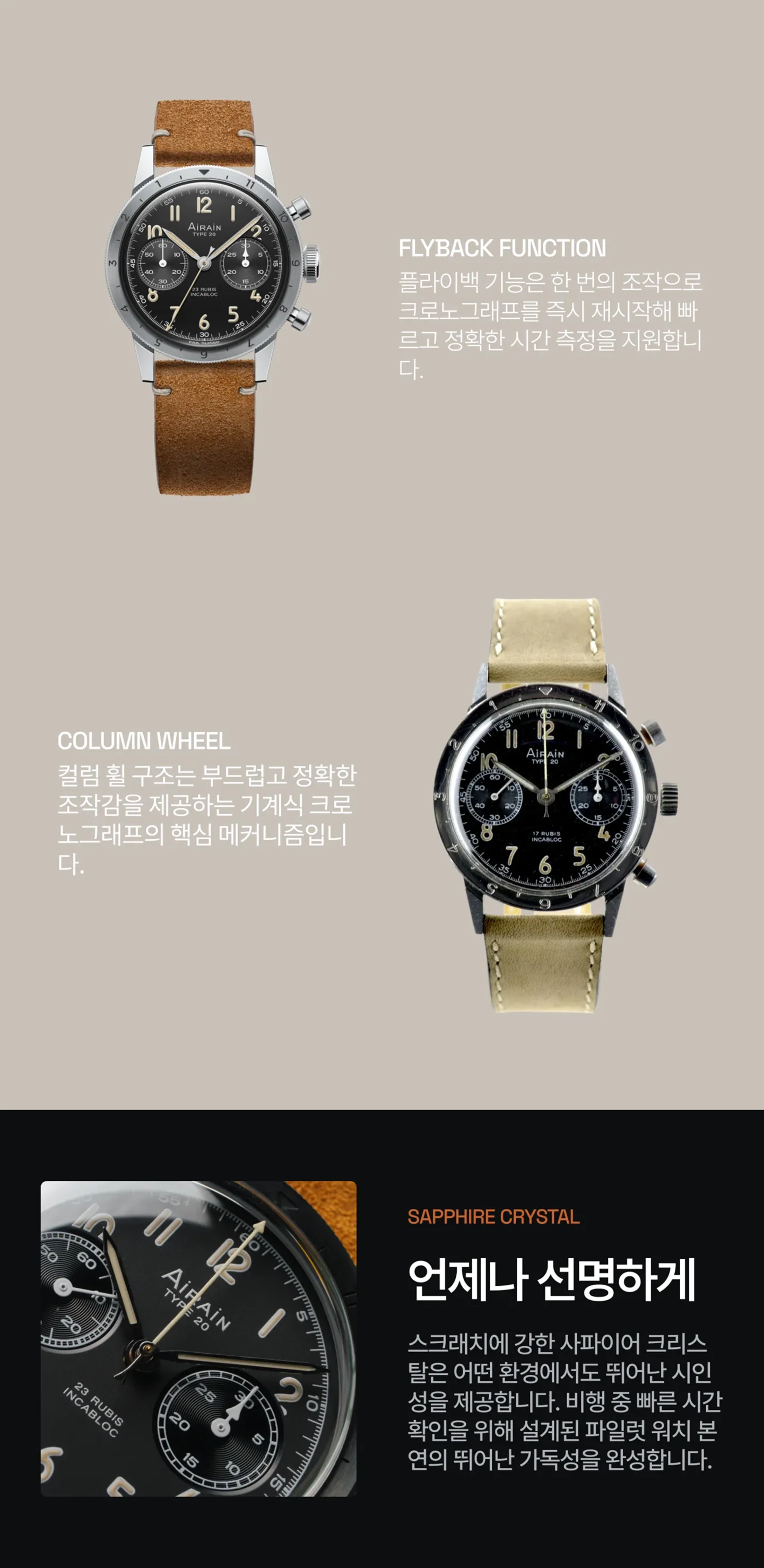 컬럼휠 탑재 플라이백 크로노그래프 무브먼트에 대한 설명.