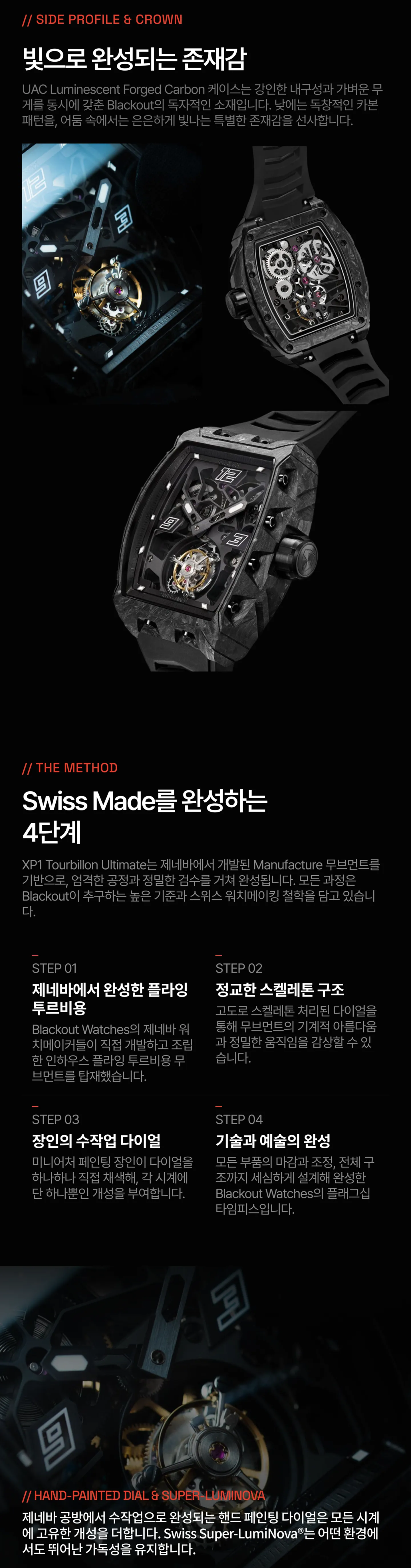XP1 Tourbillon Ultimate 모델을 완성 시키는 4단계의 공정 단계.