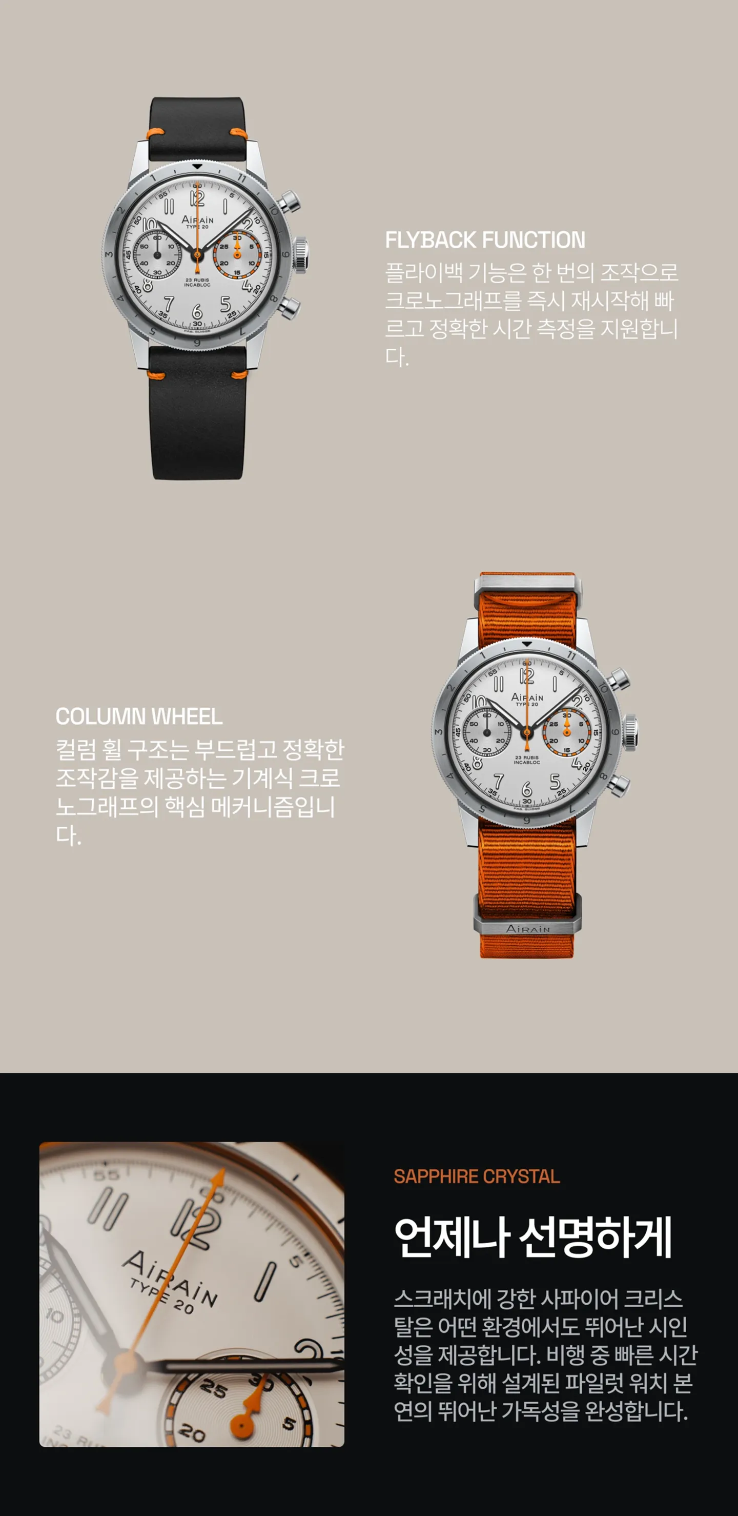컬럼휠 탑재 플라이백 크로노그래프 무브먼트에 대한 설명.